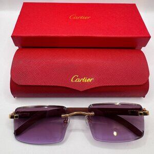 Cartier Buffs Sunglasses Diamond Cut Lens PurpleTint Red Wood Frames